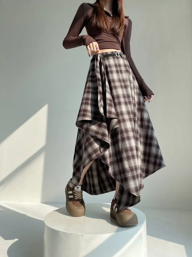 Long Skirts Women Woolen Skirt 2025 Goth Lolita Autumn Winter High Waist Ruffles Asymmetrical Plaid Skirt Maxi With Belt