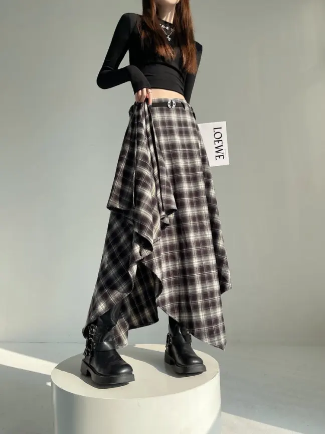Long Skirts Women Woolen Skirt 2025 Goth Lolita Autumn Winter High Waist Ruffles Asymmetrical Plaid Skirt Maxi With Belt