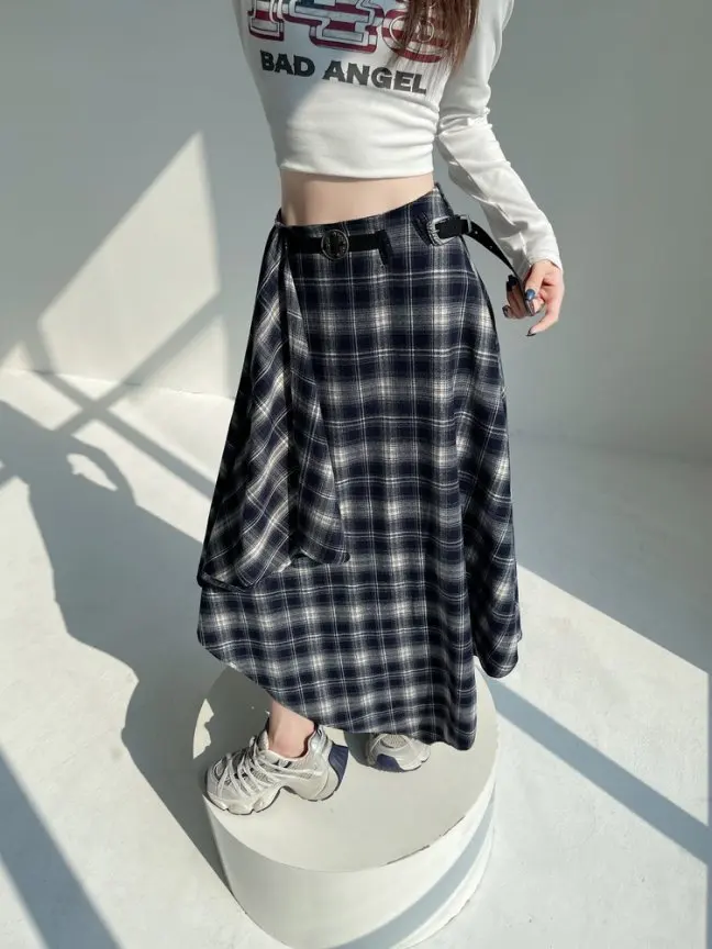 Long Skirts Women Woolen Skirt 2025 Goth Lolita Autumn Winter High Waist Ruffles Asymmetrical Plaid Skirt Maxi With Belt