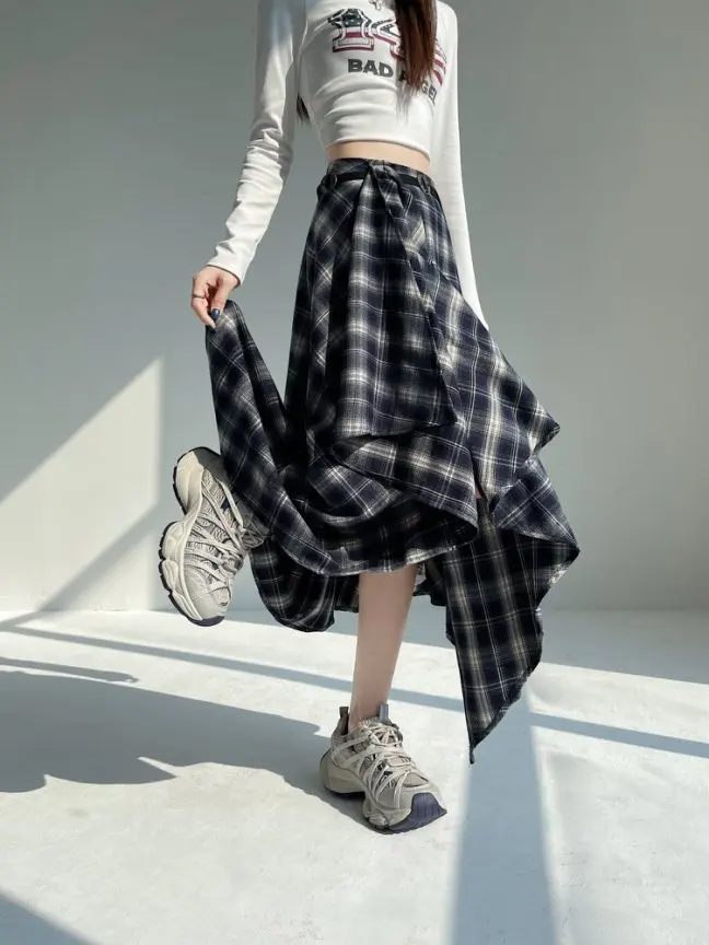 Long Skirts Women Woolen Skirt 2025 Goth Lolita Autumn Winter High Waist Ruffles Asymmetrical Plaid Skirt Maxi With Belt