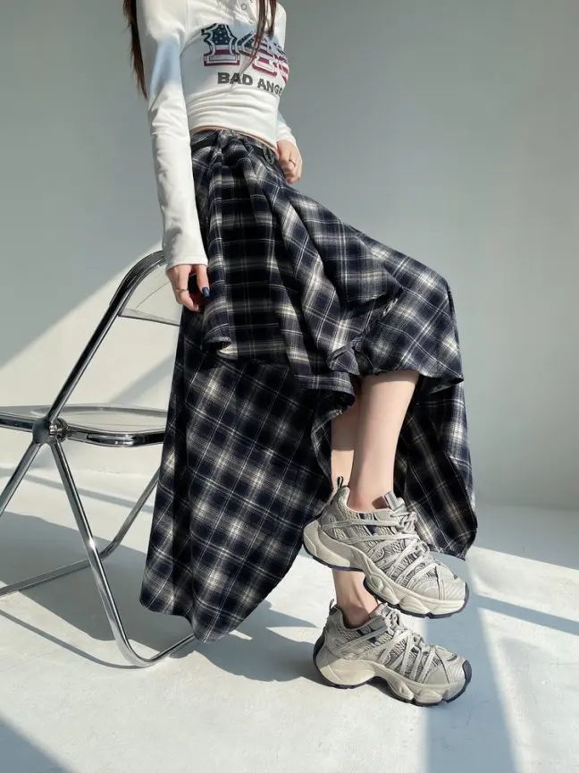 Long Skirts Women Woolen Skirt 2025 Goth Lolita Autumn Winter High Waist Ruffles Asymmetrical Plaid Skirt Maxi With Belt