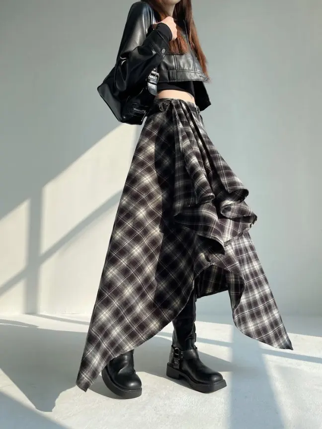 Long Skirts Women Woolen Skirt 2025 Goth Lolita Autumn Winter High Waist Ruffles Asymmetrical Plaid Skirt Maxi With Belt