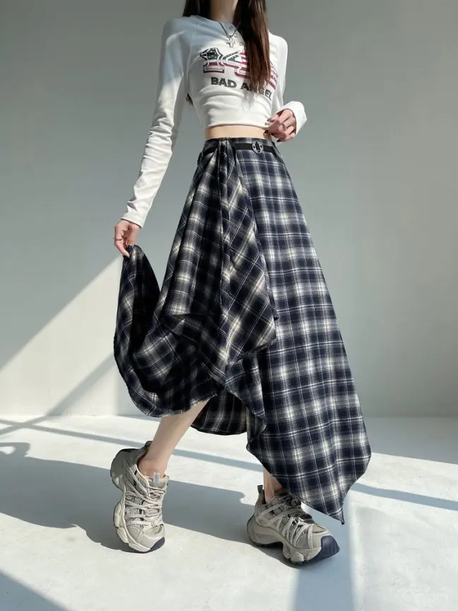 Long Skirts Women Woolen Skirt 2025 Goth Lolita Autumn Winter High Waist Ruffles Asymmetrical Plaid Skirt Maxi With Belt