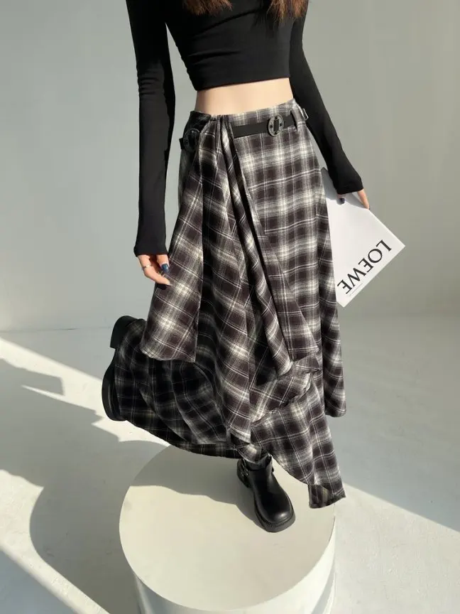 Long Skirts Women Woolen Skirt 2025 Goth Lolita Autumn Winter High Waist Ruffles Asymmetrical Plaid Skirt Maxi With Belt