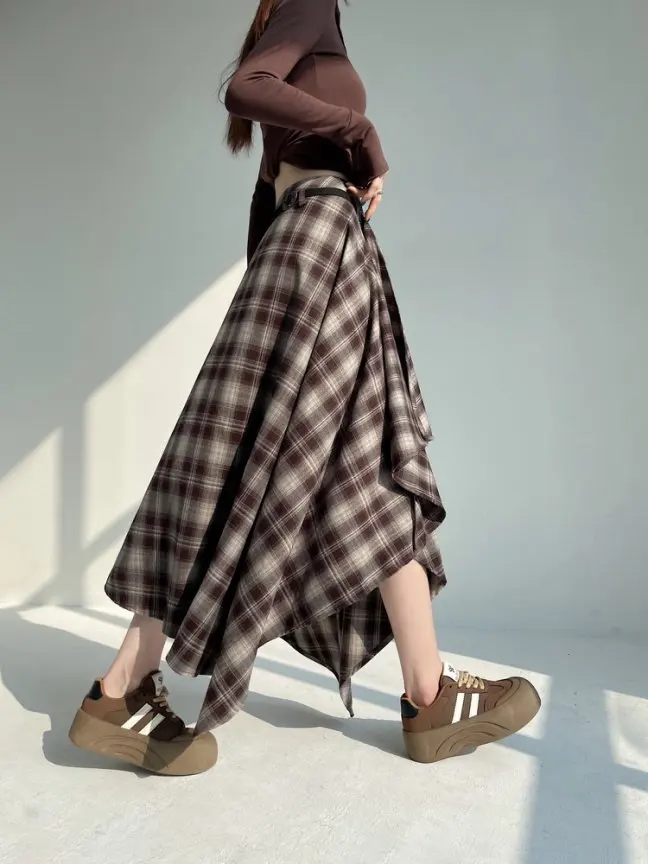 Long Skirts Women Woolen Skirt 2025 Goth Lolita Autumn Winter High Waist Ruffles Asymmetrical Plaid Skirt Maxi With Belt