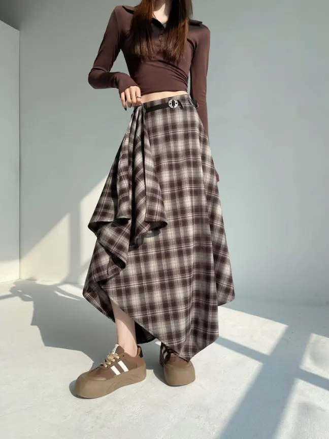 Long Skirts Women Woolen Skirt 2025 Goth Lolita Autumn Winter High Waist Ruffles Asymmetrical Plaid Skirt Maxi With Belt