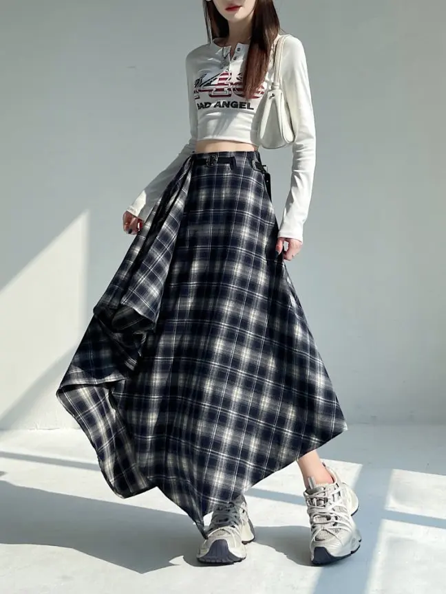 Long Skirts Women Woolen Skirt 2025 Goth Lolita Autumn Winter High Waist Ruffles Asymmetrical Plaid Skirt Maxi With Belt