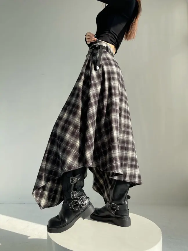 Long Skirts Women Woolen Skirt 2025 Goth Lolita Autumn Winter High Waist Ruffles Asymmetrical Plaid Skirt Maxi With Belt