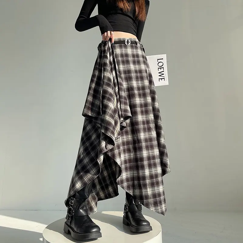 Long Skirts Women Woolen Skirt 2025 Goth Lolita Autumn Winter High Waist Ruffles Asymmetrical Plaid Skirt Maxi With Belt