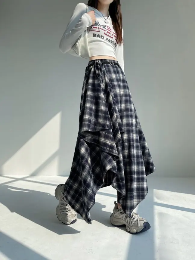 Long Skirts Women Woolen Skirt 2025 Goth Lolita Autumn Winter High Waist Ruffles Asymmetrical Plaid Skirt Maxi With Belt