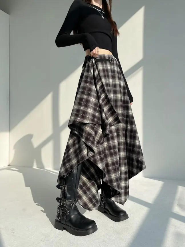 Long Skirts Women Woolen Skirt 2025 Goth Lolita Autumn Winter High Waist Ruffles Asymmetrical Plaid Skirt Maxi With Belt