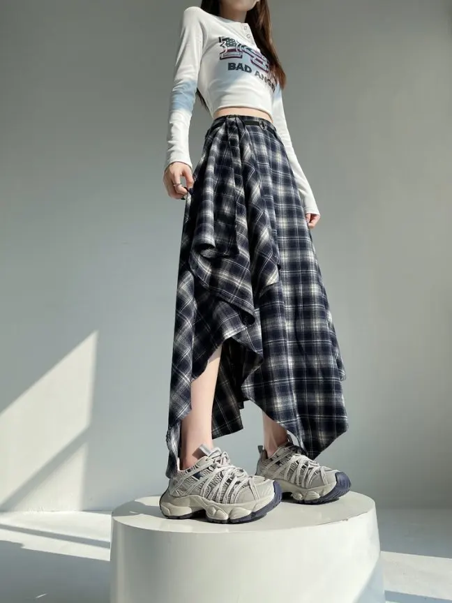 Long Skirts Women Woolen Skirt 2025 Goth Lolita Autumn Winter High Waist Ruffles Asymmetrical Plaid Skirt Maxi With Belt