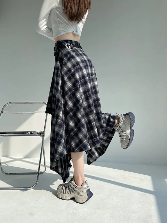 Long Skirts Women Woolen Skirt 2025 Goth Lolita Autumn Winter High Waist Ruffles Asymmetrical Plaid Skirt Maxi With Belt