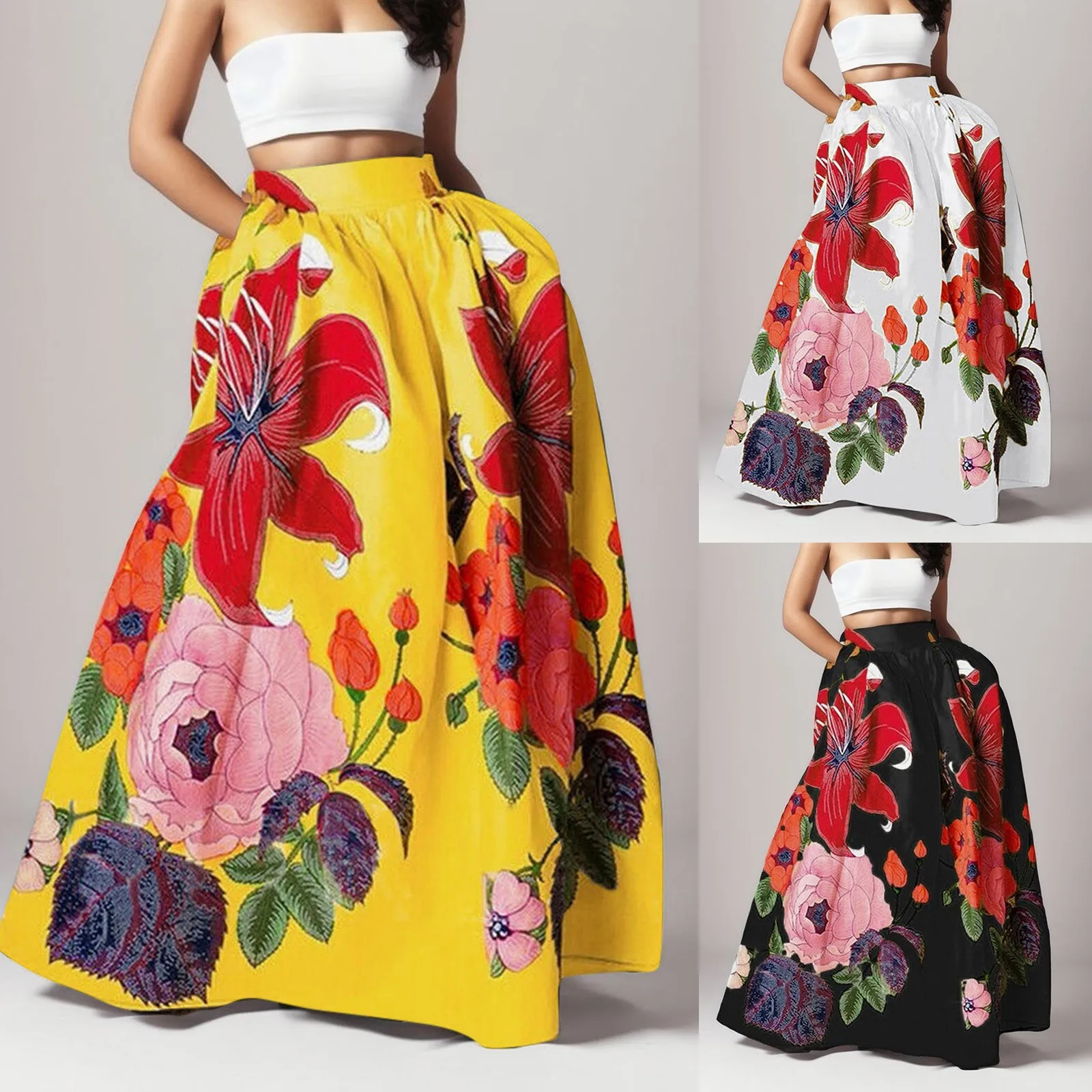 Bohemian Women Long Skirt Large Swing High Waist Floral Printing A-Line Skirt Women Faldas Fashion Casual Party Skirt Pockets