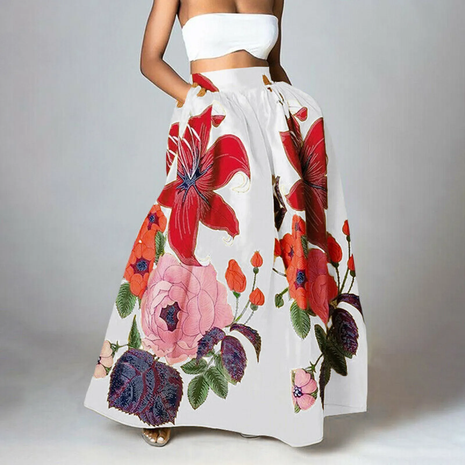 Bohemian Women Long Skirt Large Swing High Waist Floral Printing A-Line Skirt Women Faldas Fashion Casual Party Skirt Pockets