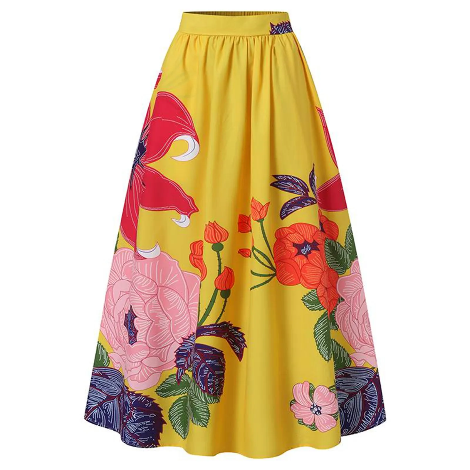 Bohemian Women Long Skirt Large Swing High Waist Floral Printing A-Line Skirt Women Faldas Fashion Casual Party Skirt Pockets