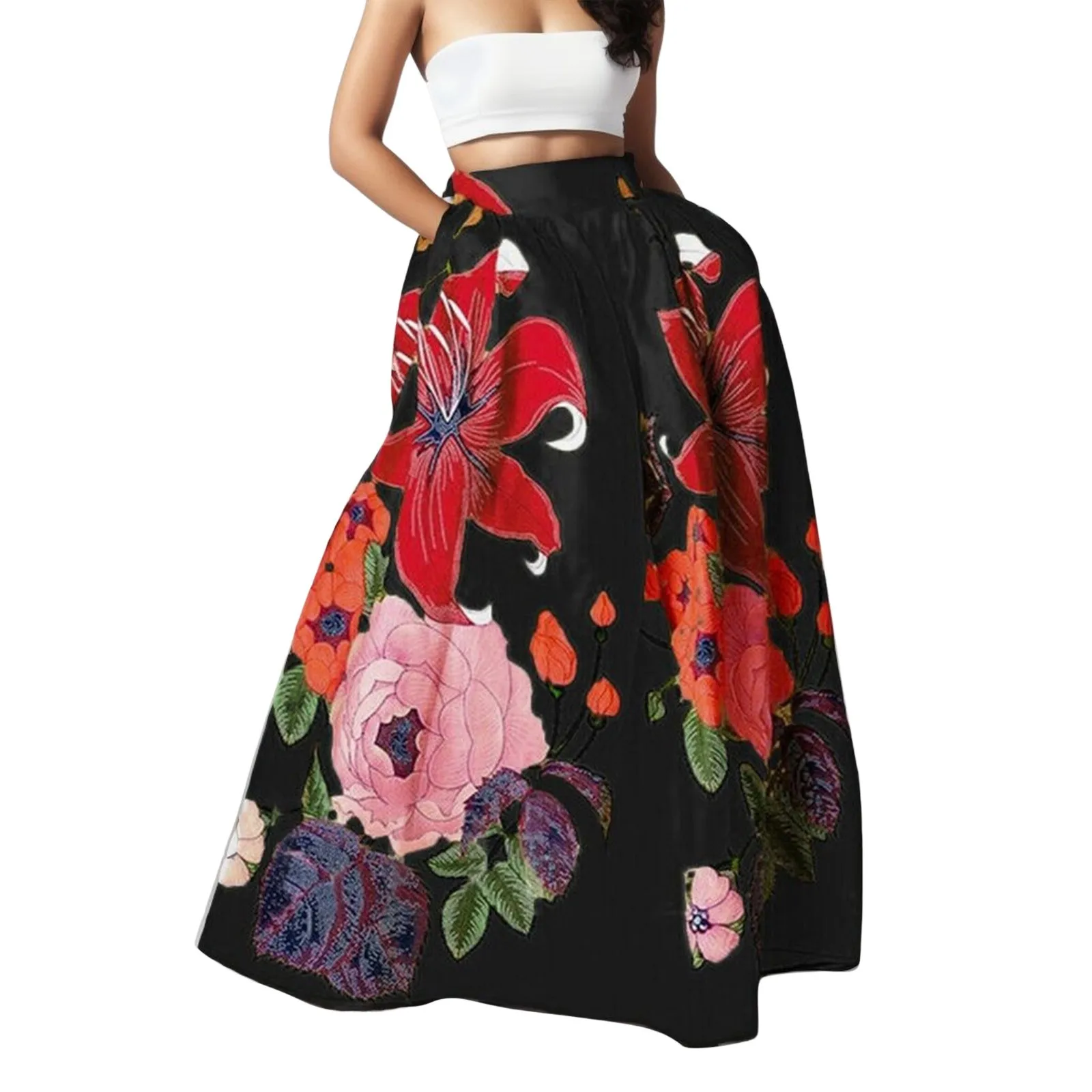 Bohemian Women Long Skirt Large Swing High Waist Floral Printing A-Line Skirt Women Faldas Fashion Casual Party Skirt Pockets