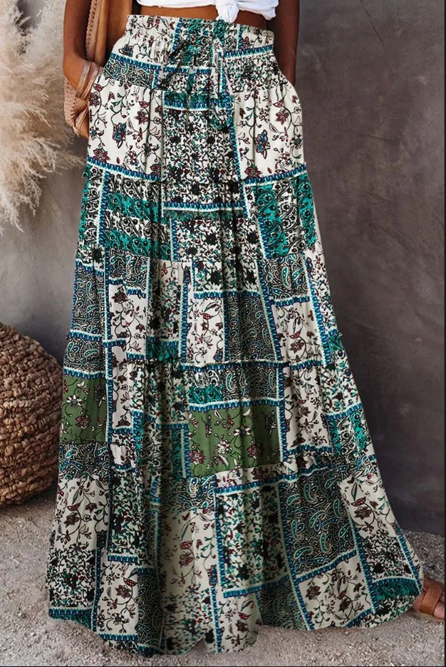 New Long Skirt Retro Skirt Loose Casual High Waist Skirt Bohemian Style Patchwork Pleated Pocket Skirt