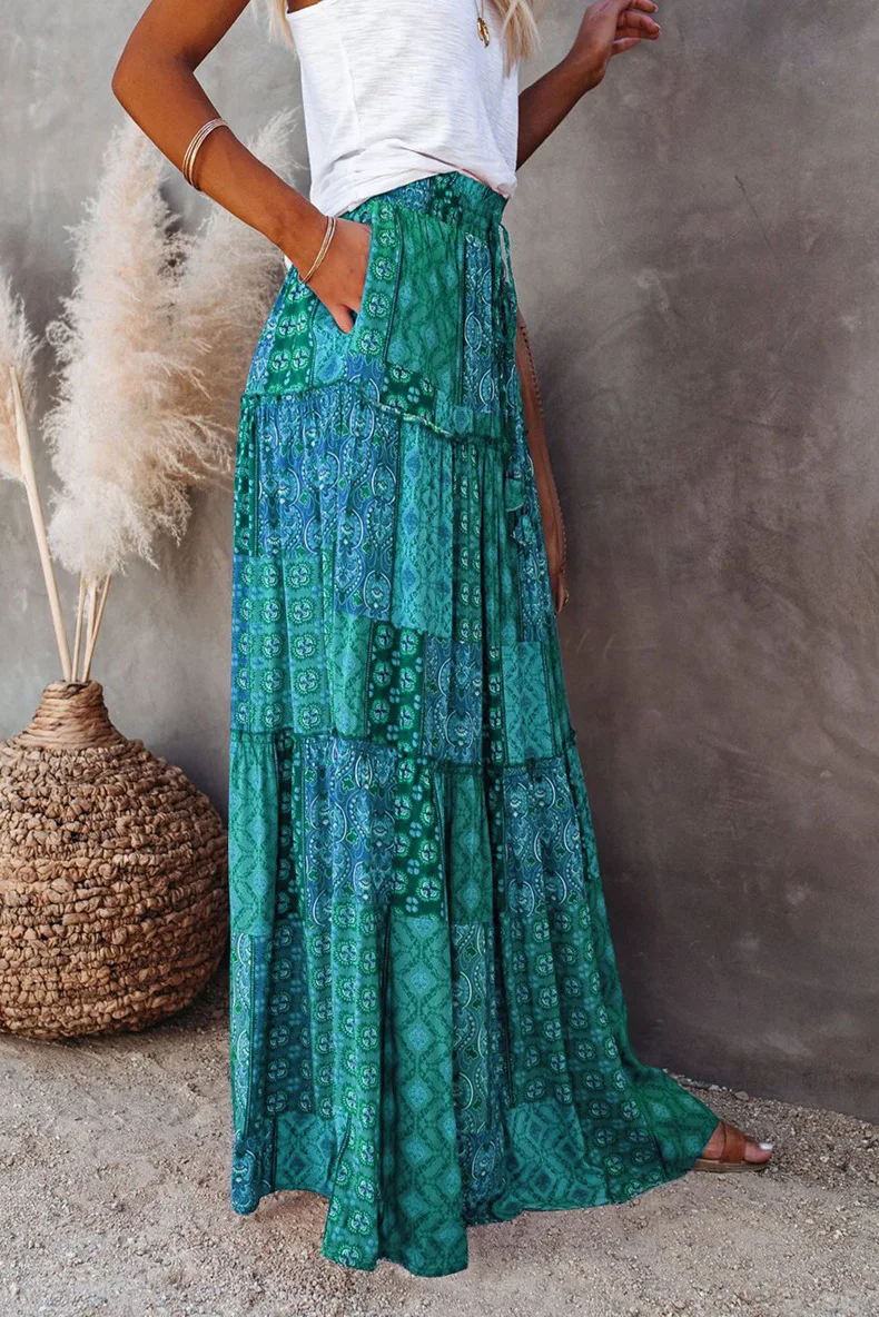 New Long Skirt Retro Skirt Loose Casual High Waist Skirt Bohemian Style Patchwork Pleated Pocket Skirt