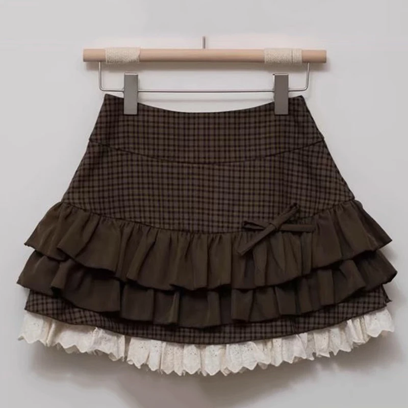 Japanese Sweet Lolita Mini Skirts Women Y2K Kawaii Lace Patchwork Bow Cake Skirt Femme High Waist Preppy All Match A Line Skirts