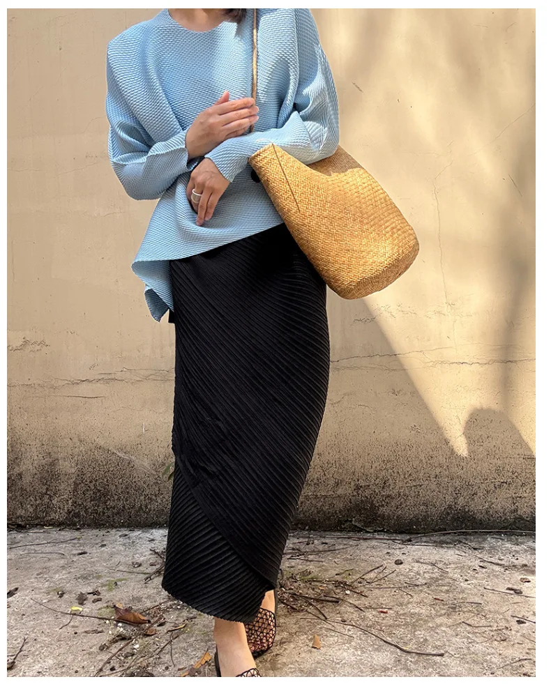 Miyake Pleated Plisse Skirt 2026 Spring New Design Pleats Jupe Women Black Irregular Split Mid-Length Texture Fold Half Skirt