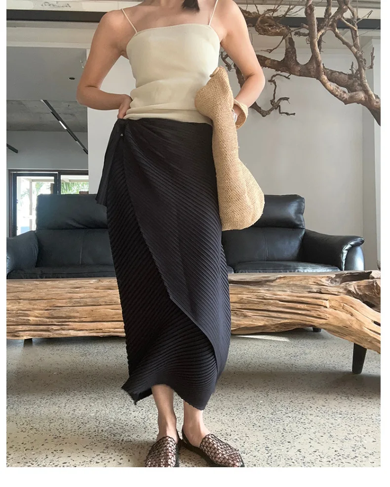 Miyake Pleated Plisse Skirt 2026 Spring New Design Pleats Jupe Women Black Irregular Split Mid-Length Texture Fold Half Skirt