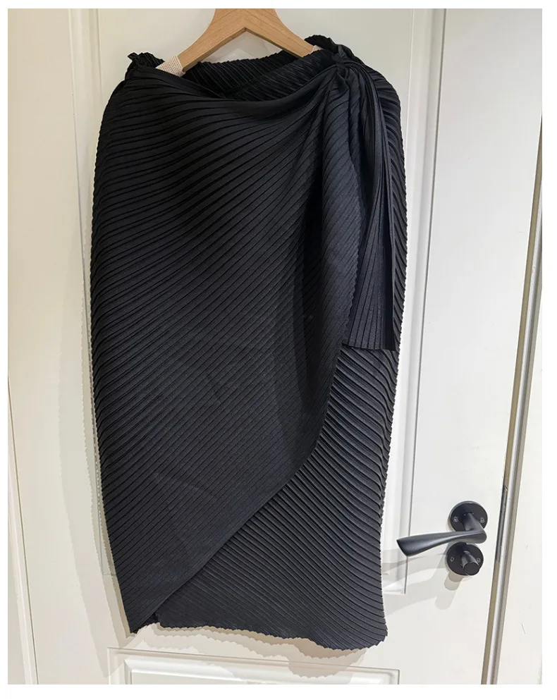 Miyake Pleated Plisse Skirt 2026 Spring New Design Pleats Jupe Women Black Irregular Split Mid-Length Texture Fold Half Skirt