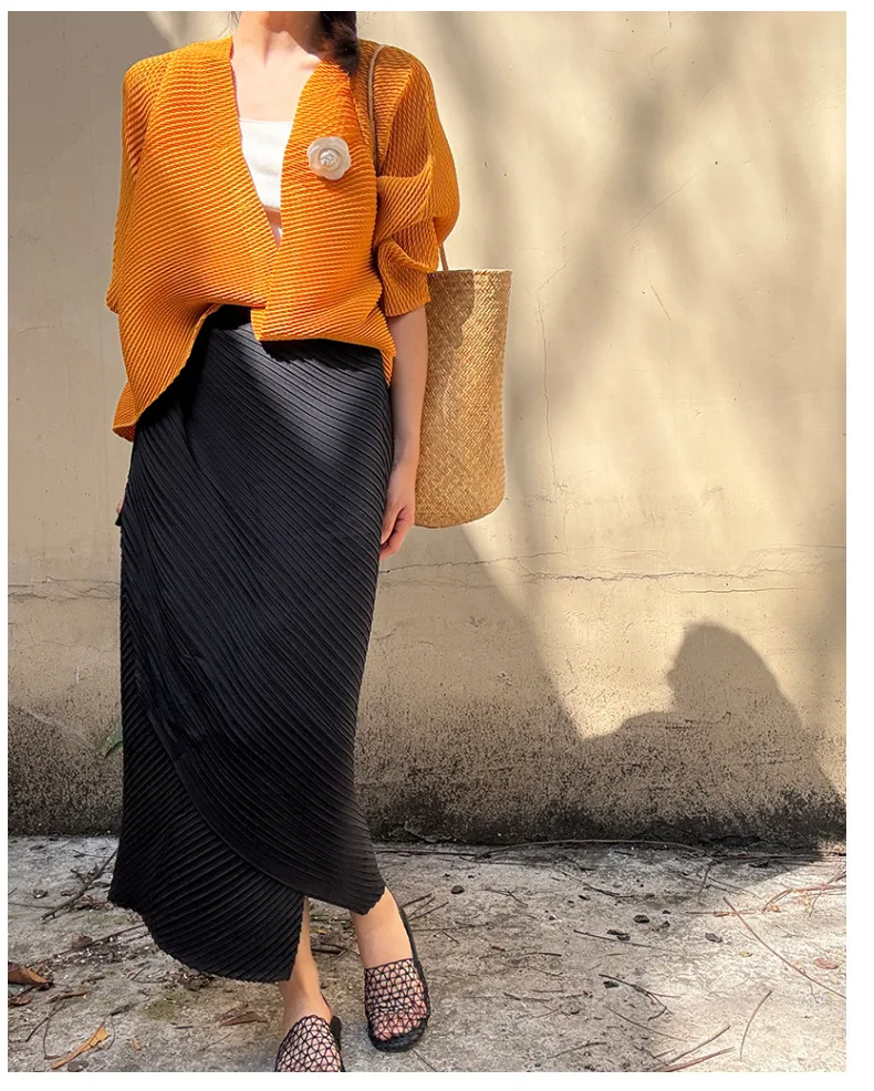 Miyake Pleated Plisse Skirt 2026 Spring New Design Pleats Jupe Women Black Irregular Split Mid-Length Texture Fold Half Skirt