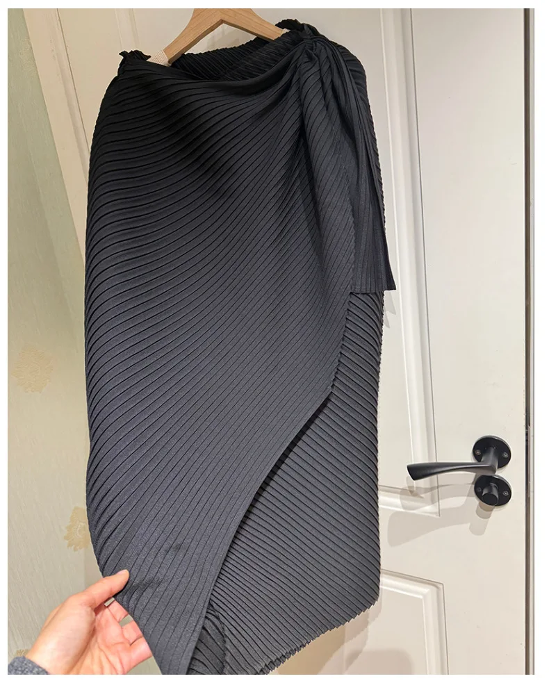 Miyake Pleated Plisse Skirt 2026 Spring New Design Pleats Jupe Women Black Irregular Split Mid-Length Texture Fold Half Skirt
