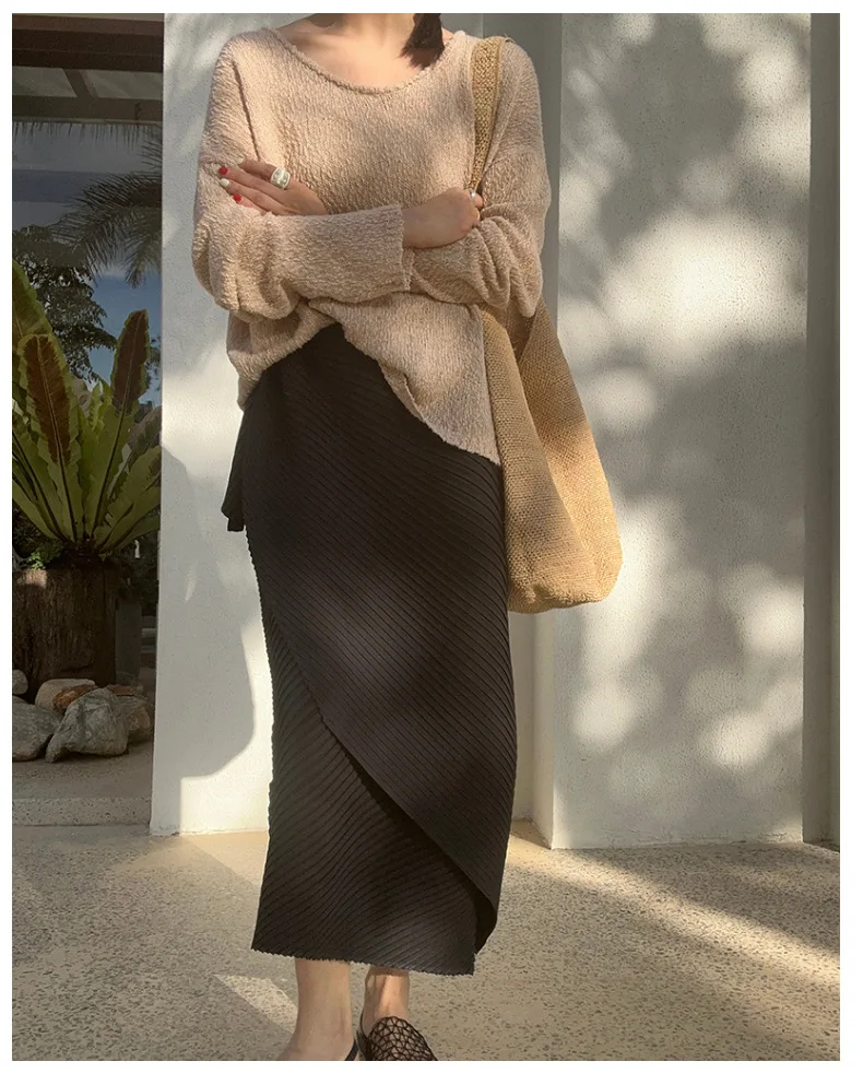 Miyake Pleated Plisse Skirt 2026 Spring New Design Pleats Jupe Women Black Irregular Split Mid-Length Texture Fold Half Skirt