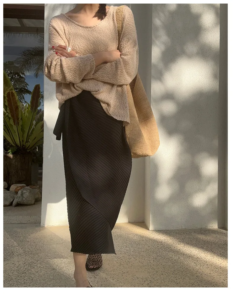 Miyake Pleated Plisse Skirt 2026 Spring New Design Pleats Jupe Women Black Irregular Split Mid-Length Texture Fold Half Skirt