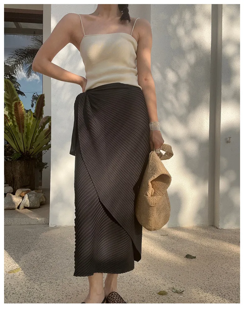Miyake Pleated Plisse Skirt 2026 Spring New Design Pleats Jupe Women Black Irregular Split Mid-Length Texture Fold Half Skirt