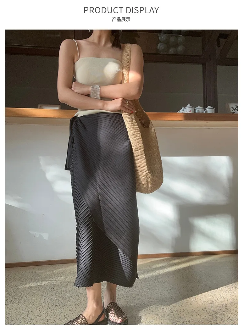 Miyake Pleated Plisse Skirt 2026 Spring New Design Pleats Jupe Women Black Irregular Split Mid-Length Texture Fold Half Skirt