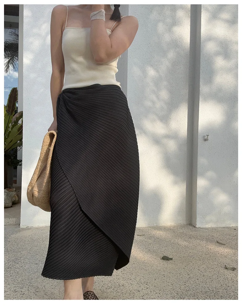 Miyake Pleated Plisse Skirt 2026 Spring New Design Pleats Jupe Women Black Irregular Split Mid-Length Texture Fold Half Skirt