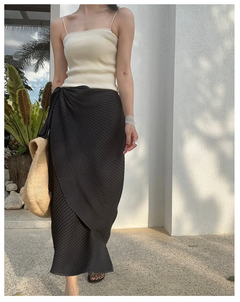 Miyake Pleated Plisse Skirt 2026 Spring New Design Pleats Jupe Women Black Irregular Split Mid-Length Texture Fold Half Skirt
