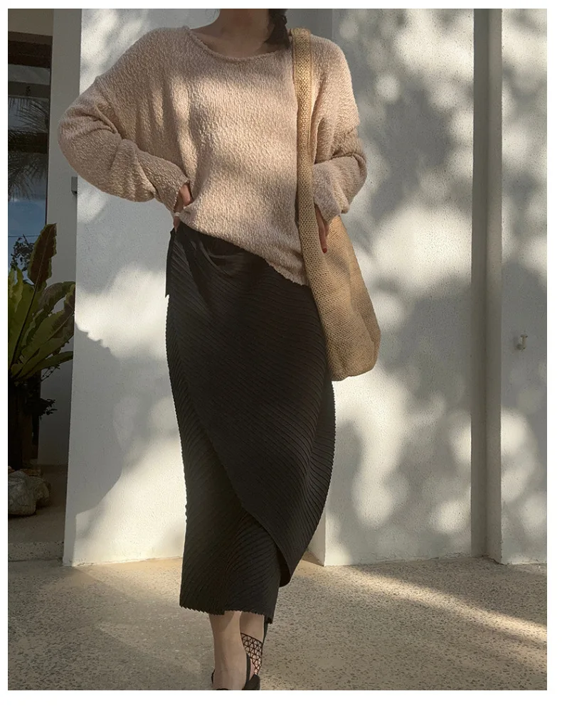 Miyake Pleated Plisse Skirt 2026 Spring New Design Pleats Jupe Women Black Irregular Split Mid-Length Texture Fold Half Skirt