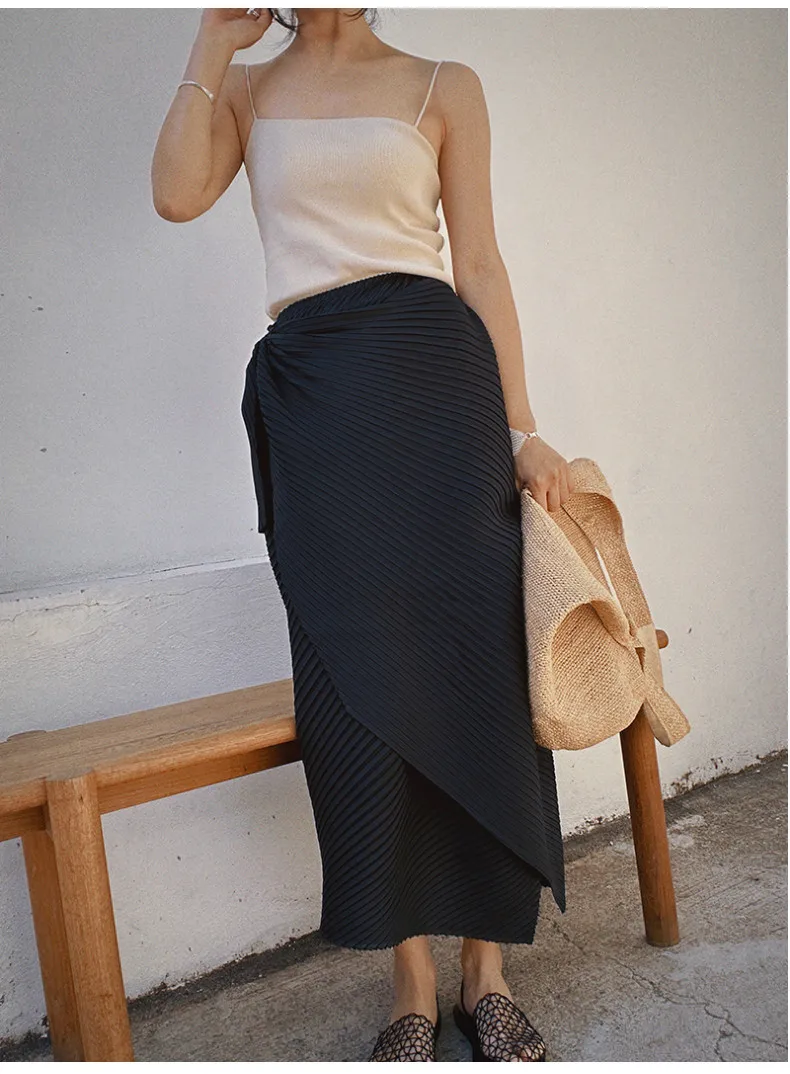 Miyake Pleated Plisse Skirt 2026 Spring New Design Pleats Jupe Women Black Irregular Split Mid-Length Texture Fold Half Skirt