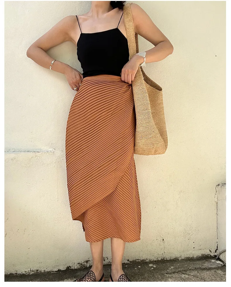 Miyake Pleated Plisse Skirt 2026 Spring New Design Pleats Jupe Women Black Irregular Split Mid-Length Texture Fold Half Skirt
