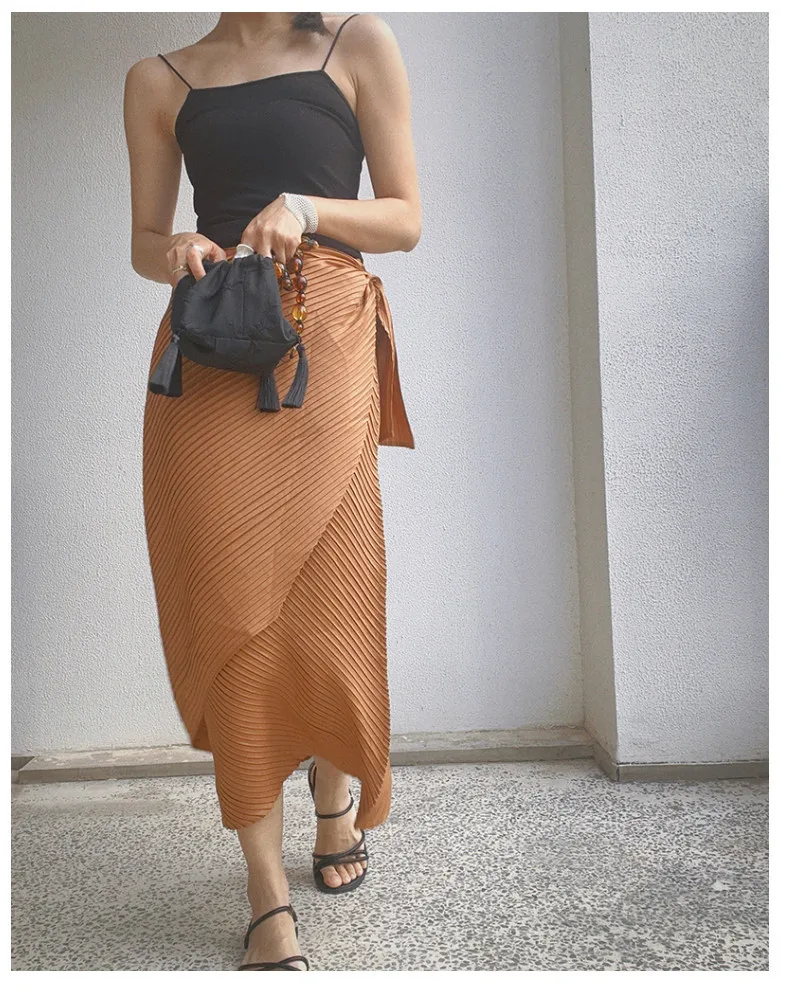 Miyake Pleated Plisse Skirt 2026 Spring New Design Pleats Jupe Women Black Irregular Split Mid-Length Texture Fold Half Skirt