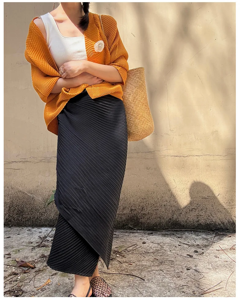 Miyake Pleated Plisse Skirt 2026 Spring New Design Pleats Jupe Women Black Irregular Split Mid-Length Texture Fold Half Skirt