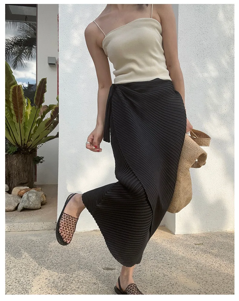 Miyake Pleated Plisse Skirt 2026 Spring New Design Pleats Jupe Women Black Irregular Split Mid-Length Texture Fold Half Skirt