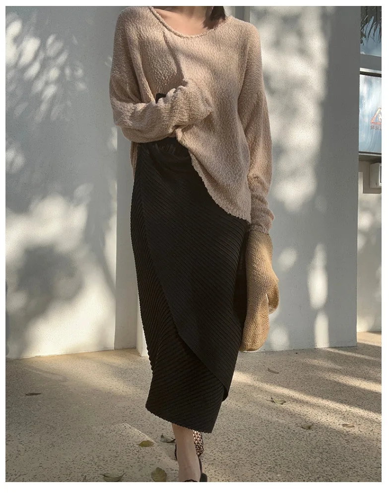 Miyake Pleated Plisse Skirt 2026 Spring New Design Pleats Jupe Women Black Irregular Split Mid-Length Texture Fold Half Skirt