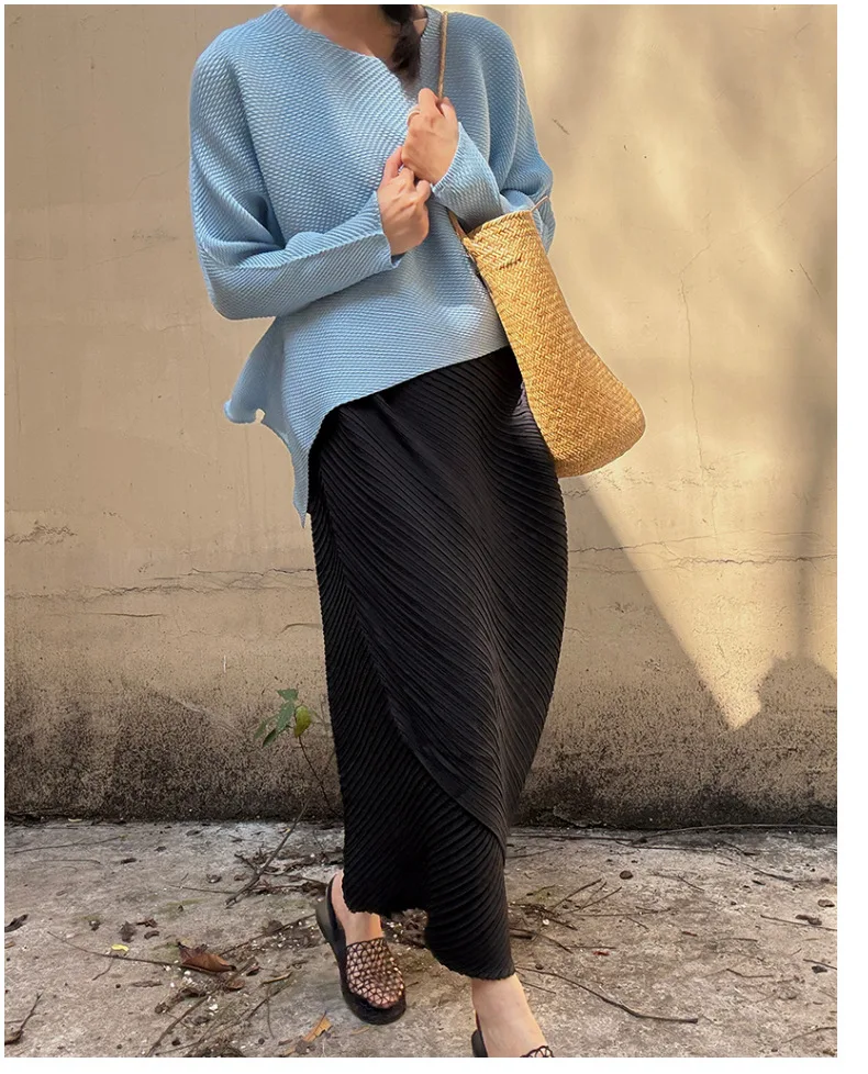 Miyake Pleated Plisse Skirt 2026 Spring New Design Pleats Jupe Women Black Irregular Split Mid-Length Texture Fold Half Skirt