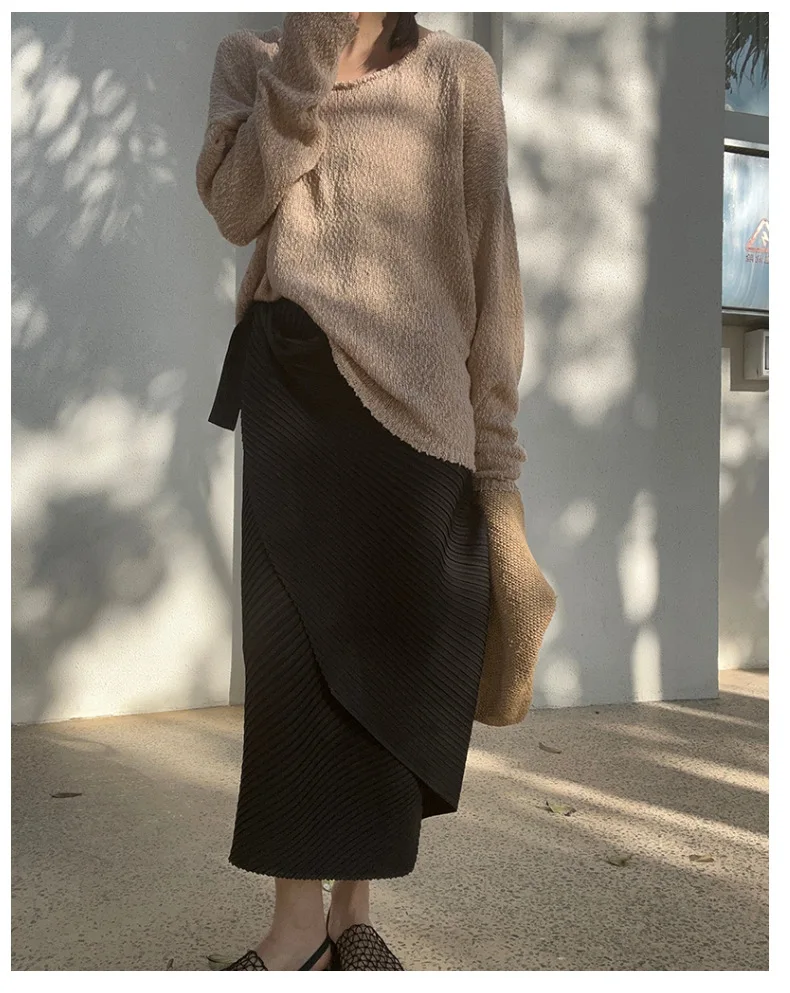 Miyake Pleated Plisse Skirt 2026 Spring New Design Pleats Jupe Women Black Irregular Split Mid-Length Texture Fold Half Skirt