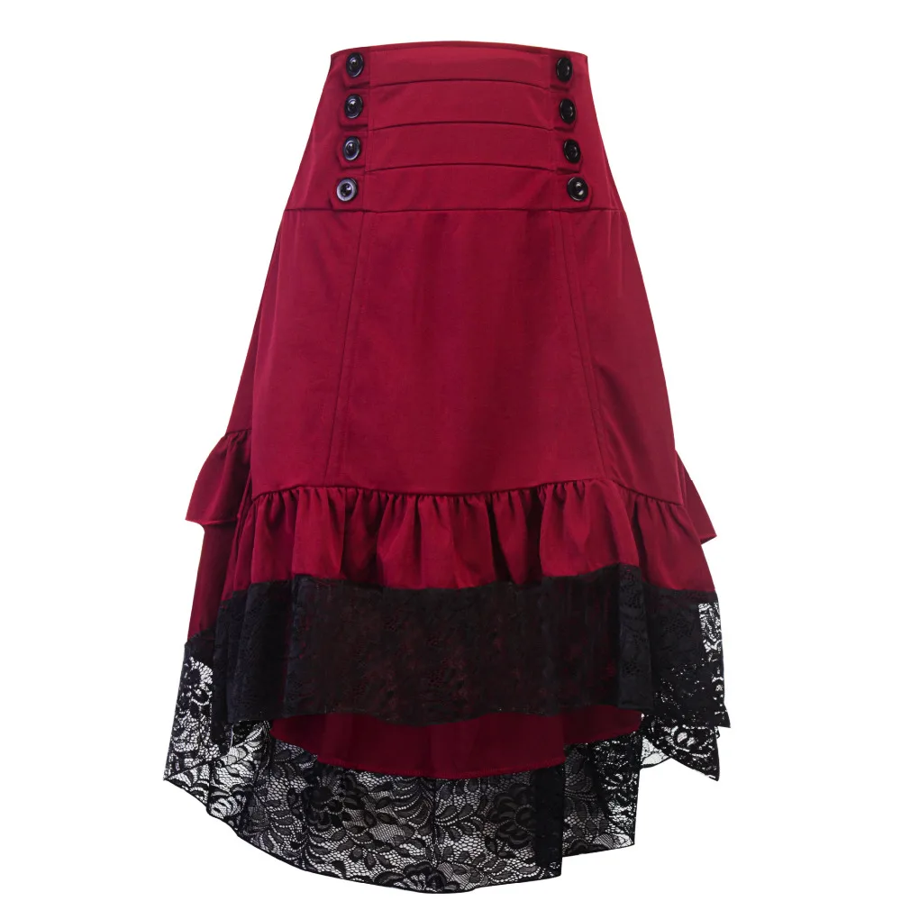 Costumes Steampunk Gothic Skirt Lace Women Clothing High Low Ruffle Party Lolita Red Medieval Victorian Punk Skater Button Front