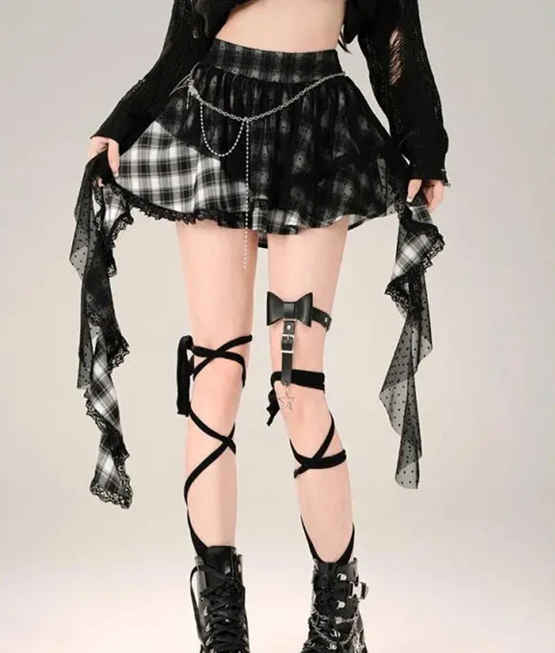 Harajuku Y2K Plaid Skirt Women Vintage Streetwear High Waist Gothic Mini Skirts Retro Lace Patchwork Punk Style Lady Skirt New
