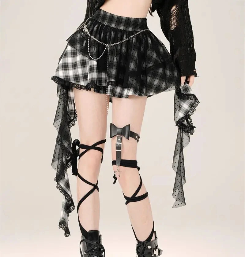 Harajuku Y2K Plaid Skirt Women Vintage Streetwear High Waist Gothic Mini Skirts Retro Lace Patchwork Punk Style Lady Skirt New