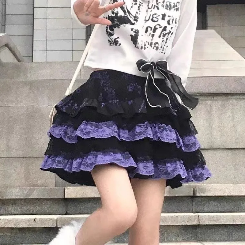 2025 Faldas Mujer De Moda Sweet Y2k Skirts Women Japanese Jupe A-line Cute Saia Summer Fashion Patchwork Lace Mini Skirt 27z052