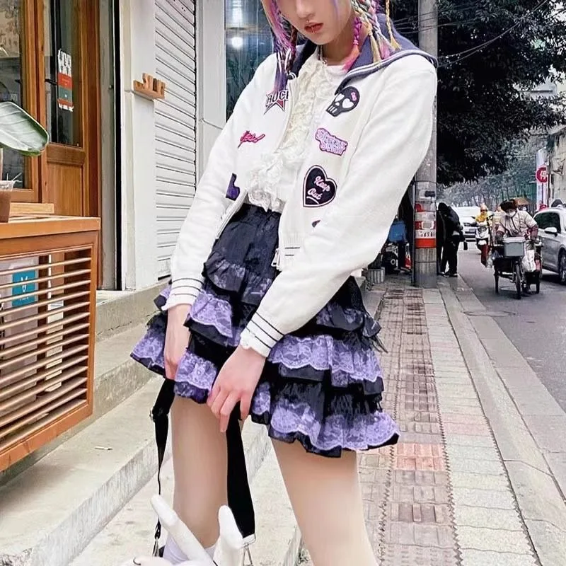 2025 Faldas Mujer De Moda Sweet Y2k Skirts Women Japanese Jupe A-line Cute Saia Summer Fashion Patchwork Lace Mini Skirt 27z052