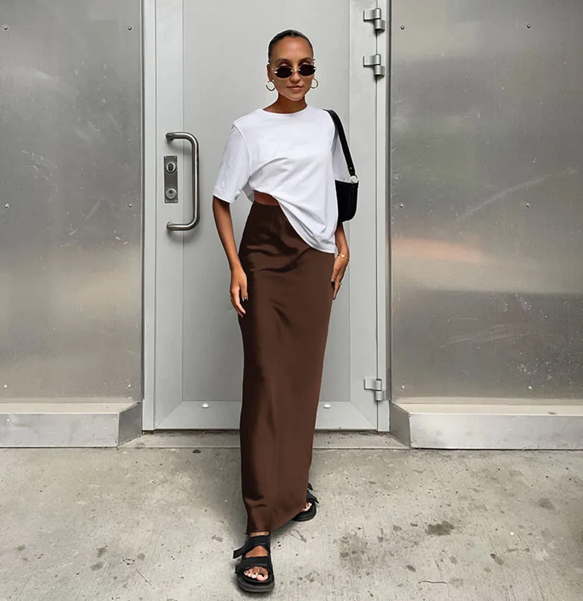 Elegant Satin Black Trumpet Skirts Fashion Slim High Waist Skirts Women Female 2024 Solid Office Long Skirt Spring Summer